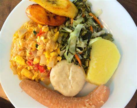 Saltfish with ground provisions and greens