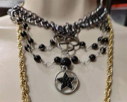 Black Pentacle and Obsidian Chainmaille Necklace