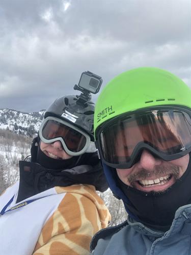 My son and I snowboarding.