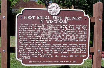 First rural mail delivery sign in sun prairie