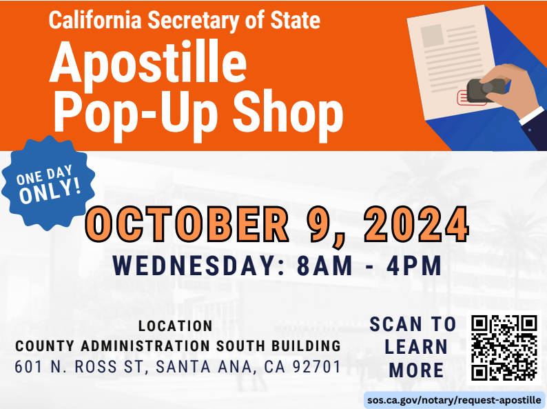 Apostille Pop-Up Shop Coming to Santa Ana – One Day Only!