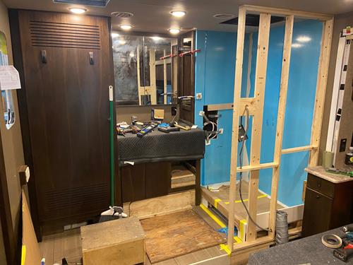 RV Interior Bathroom and Bedroom- Fire Damage Repair in Progress