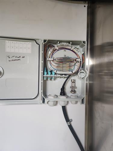 Inside a fiber optic patch panel