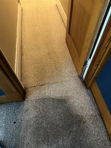 A hallway before and after with heavily soiled carpet.