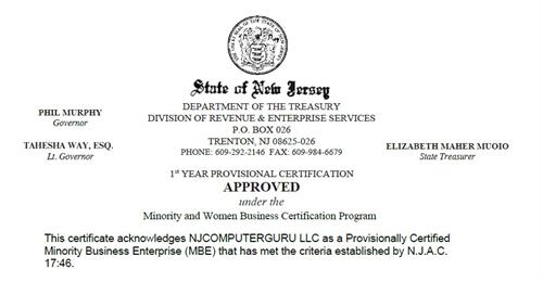Certified Minority Business Enterprise (MBE) – State of New Jersey Department of the Treasury