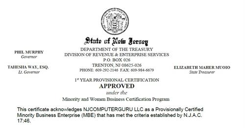 Certified Small Business Enterprise (SBE) – State of New Jersey Department of the Treasury