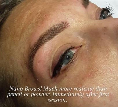 Realistic Nano brows with winged eyeliner.