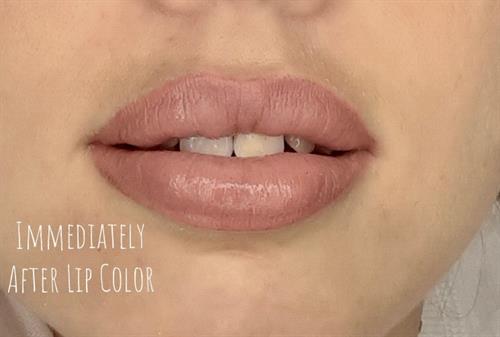 Full lip color, soft and natural looking.