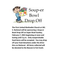 Soup-er Bowl Drop Off event to First United Methodist Church with nonperishable donations going to the Beacon.