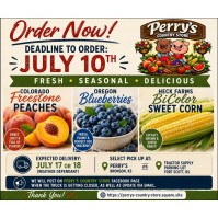Order Peaches-Blueberries-Corn from Perry's Pork Rinds by July 10th