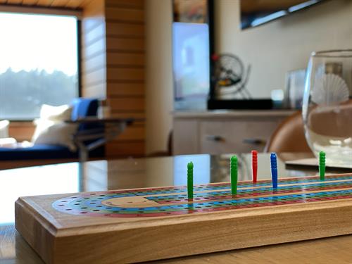 Game room includes board games, cards, puzzles, library of books for all ages