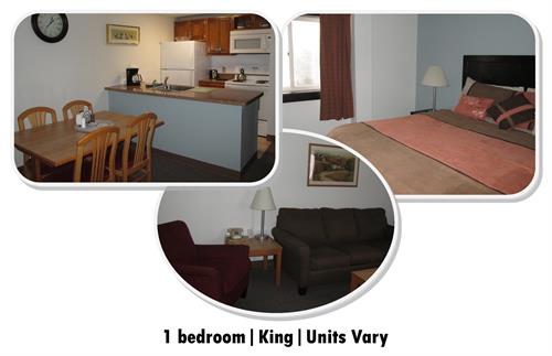 1 bedroom unit; king bed; sleeper sofa; full kitchen (units vary)