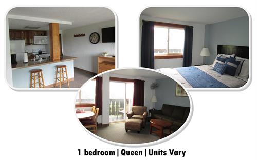 1 bedroom unit; queen bed; sleeper sofa; full kitchen (units vary)