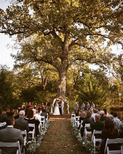 Our intimate ceremony site nestled between a pond with a +200 yr oak tree