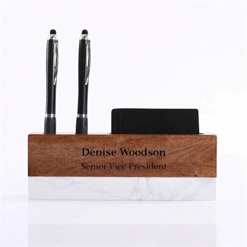 A personalized desk organizer that elevates executive workspaces, showcasing leadership, attention to detail, and appreciation, while keeping daily business essentials organized and within reach professionally.