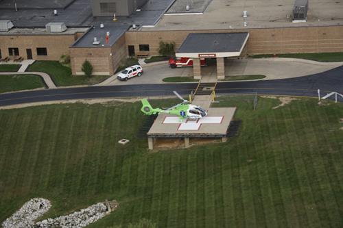 Aerial view of the Emergency Department with helipad near the ambulance entrance. 