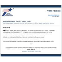 Bridge Maintenance US 190 - Coryell County News Release