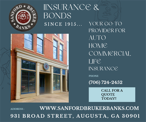 Sanford, Bruker and Banks Insurance & Bonds is located at 931 Broad St. in the heart of downtown Augusta. We love to meet with our clients face to face, but work with a number of clients in different States via phone, personal text, e-mail, and online video appointments. How you choose to contact us is up to you. The great service you receive is up to us. Give us a call for a quote today! #sanfordbrukerbanksinsurance #autoinsurance #homeownersinsurance #commercialinsurance #insurance