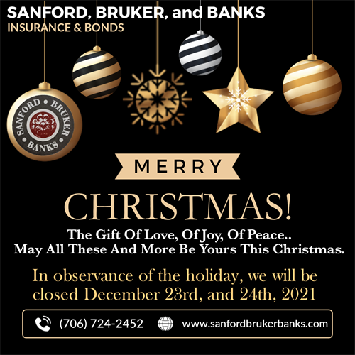 It's almost that time....From the Sanford, Bruker and Banks Insurance family to yours , Happy Holidays. Please reach out early this week if you have any last minute adjustments to make to your insurance policies or if you are in need a new quote. In observance of Christmas we will be closed Thursday, December 23rd & Friday, December 24th.?????????? #yourlocalinsuranceagency #autoinsurance #homeownersinsurance  #commercialinsurance #insurance