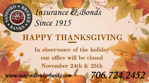 We are grateful for our clients business and humbled by the trust you’ve shown in Sanford, Bruker and Banks Insurance & Bonds. Have a great Thanksgiving. #yourlocalinsuranceagency # #insurance #autoinsurance #homeownersinsurance #businessinsurance #grateful