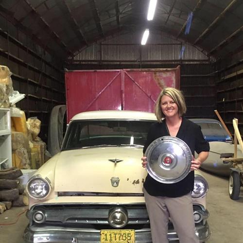 Melissa and her 54 Ford Customline named "Barb" the day she bought it