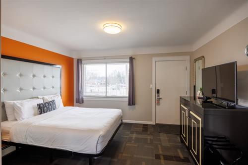 The Premium Queen Room: Offering a single queen bed with mid-century charm and modern features. All decorated in a modern style, these rooms offer a queen size bed, colorful tile bathroom with tub/shower, mini fridge, desk with chair, Tv and Apple Tv Infotainment.