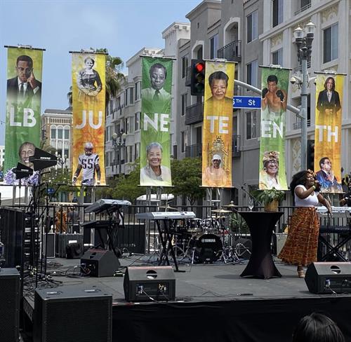 Stage banners that we made for Long Beach's Juneteenth Celebration