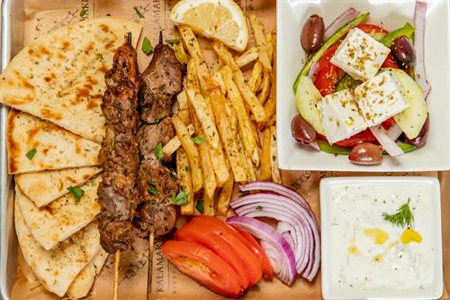 Pork Skewers Plate (salad, fries,pita,tzatziki)