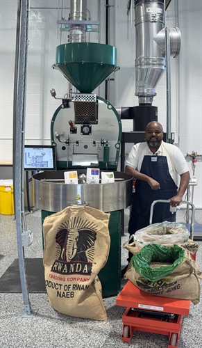 Roast day — fresh single origins in the cooling tray
