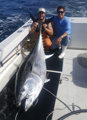 Captain Bruce and Mate Eric with a 101" giant tuna
