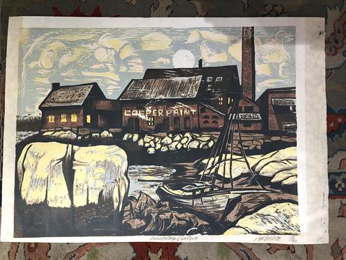 Manufactory Twilight by Don Gorvett / May 2020, Reduction woodcut on Japan paper with oil-based etching inks, size 19.5 x 26.25 inches.