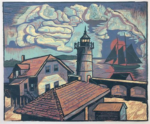 Lighthouse, New Castle by Don Gorvett / Reduction woodcut, size 20 x  24 inches.