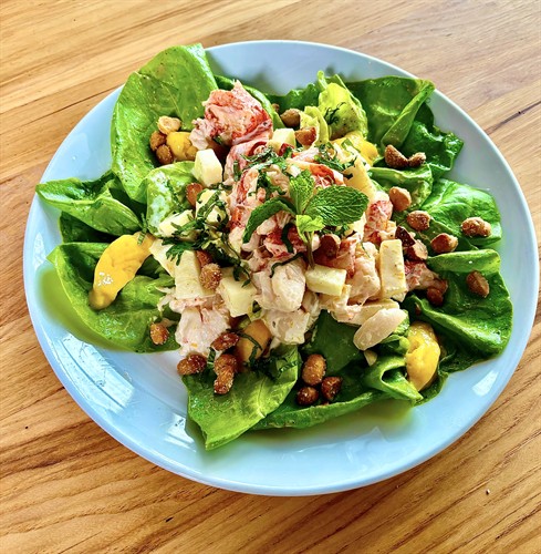 LOBSTER TROPICALE - MKT chilled lobster, mango-pepper sorbet, pineapple, lychee, macadamia nuts, bib lettuce, mint, citrus mayo