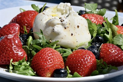 FRESH BURRATA arugula, strawberries, blueberries, extra virgin olive oil, Celtic salt, cracked pepper   