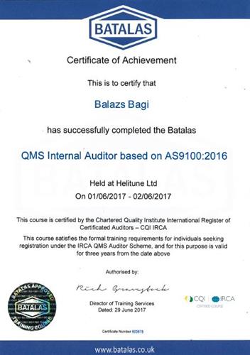 Balazs Bagi - AS9100 Internal Auditor Certificate