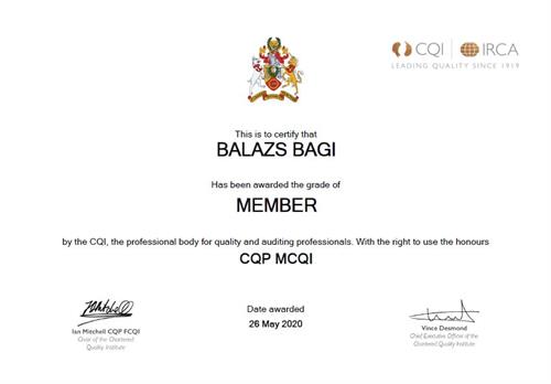 Balazs Bagi - Chartered Quality Professional Certificate