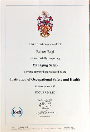 Balazs Bagi - IOSH Managing Safely Certificate