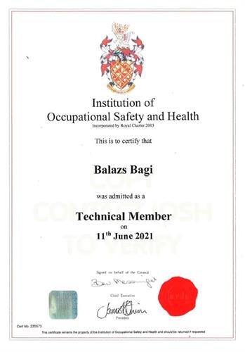 Balazs Bagi - IOSH Technical Member Certificate