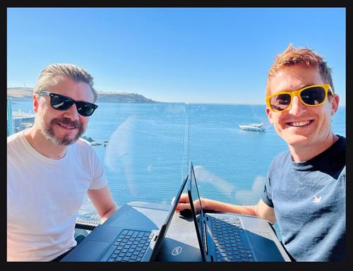Directors, Ollie and James, playing battleships overlooking Plymouth Sound! 