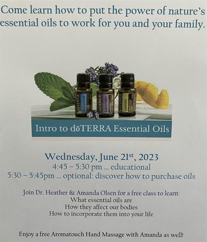 Essential Oils Class on Wednesday, 6/21 at 4:45pm