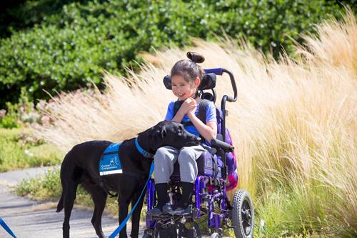 A Canine Companions client, a little girl laughing as her Canine Companions service dog stands in front of her. 