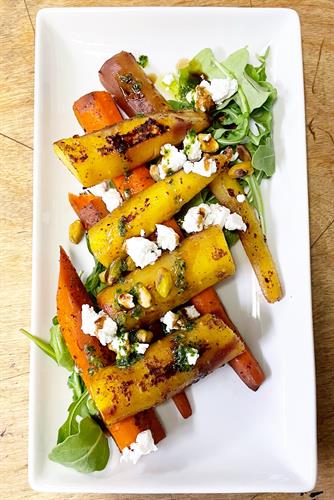 Roasted Carrot Salad Moroccan spice dust| fig balsamic| arugula| pistachios| goat cheese