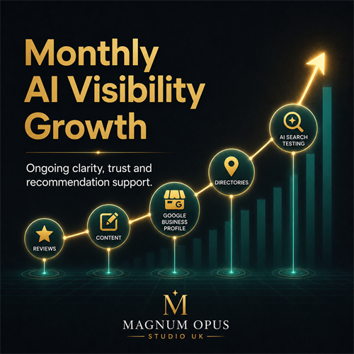 Ongoing monthly improvements across reviews, content, Google Business Profile, directories and AI search testing help strengthen visibility, trust and recommendation confidence over time.