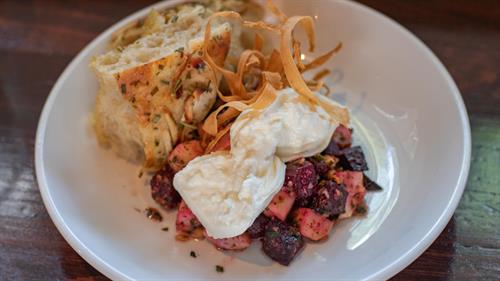 Burrata with apples, beets and parsnip chips