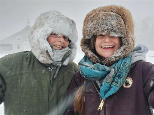 Staying warm during a blizzard in our Alpaca Bomber hats!