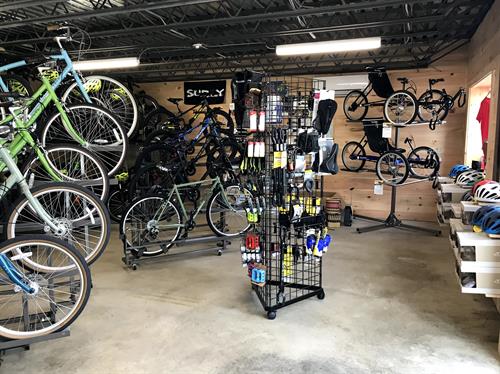 Our small but mighty showroom, featuring a nice selection of commuter accessories, helmets by Giro, TerraTrikes, Haro, Masi, and Civia Bikes, and our best selling refurbished UpCycles!