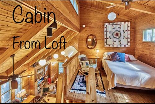 Cabin Loft bedroom with queen bed, futon, sitting area with view of 1st floor & woods. 