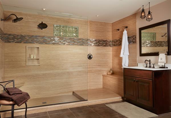 Large Walk-in Shower Natural Stone - Walnut Vein