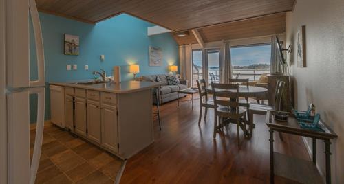 Full kitchens and living rooms with a view in every suite! 
