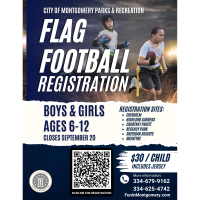 City of Montgomery Parks & Recreation is excited to announce that registration for the 2026 Fall Youth Flag Football League